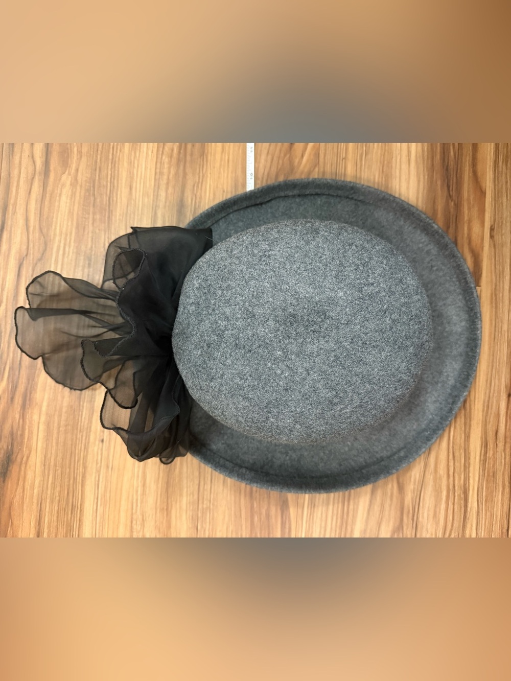Vintage Arlin 100% Wool Cloche Hat Gray Bucket Bowler Sheer Black Bow Flapper